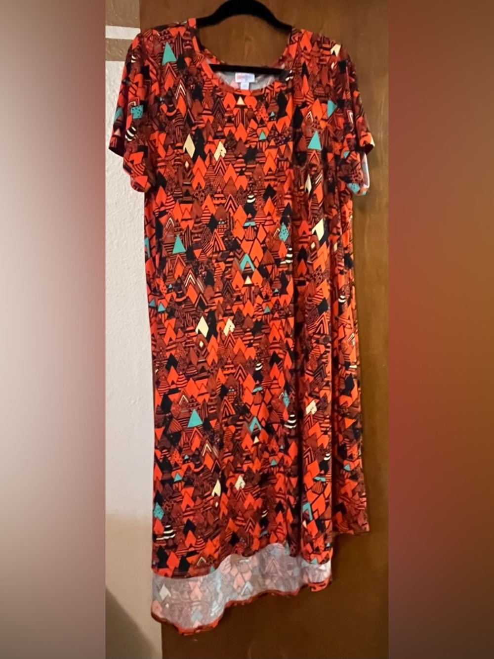 LuLaRoe Carly Orange Geometric Dress with Teal and Black Accents